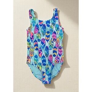 Wonder Nation Girls Feather Print‎ One Piece Swimsuit Size M 7-8